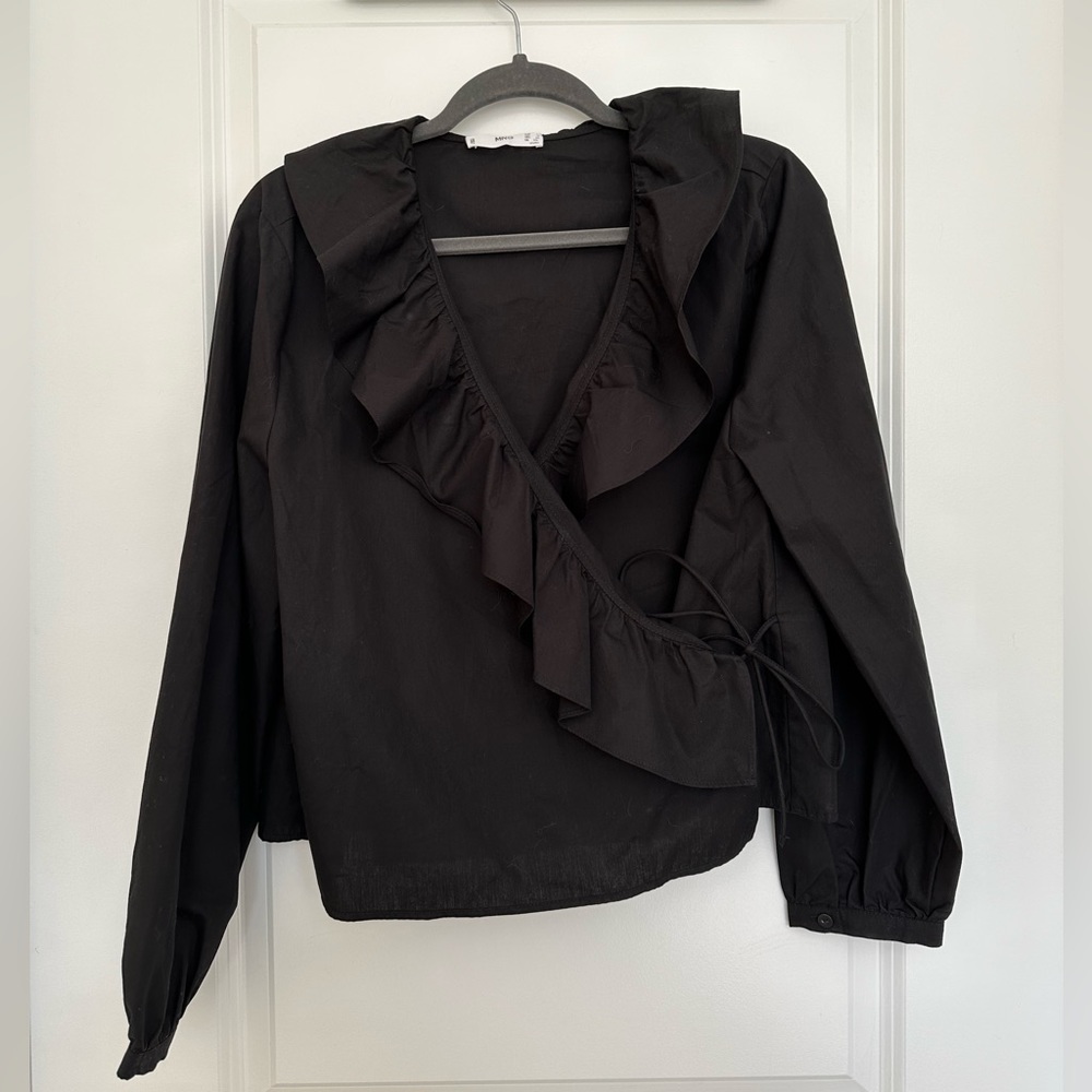 MANGO black ruffle wrap shirt long sleeve - Size XL